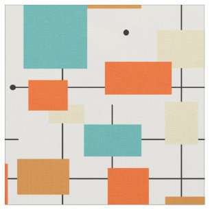 Tissu Orange Turquoise Carré Lines Mid Century Moderne
