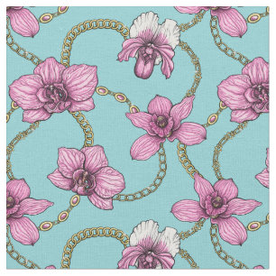 Tissu Orchidées et chaînes, roses et bleues