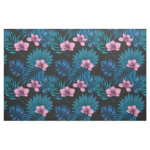 Tissu Orchidées et feuilles de palmiers, rose et bleu su