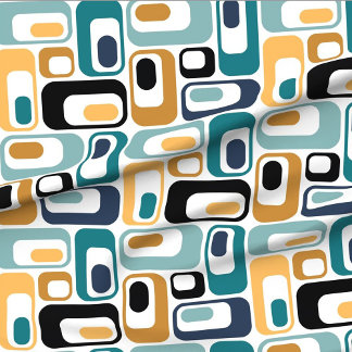 Tissu ovales rétro blanc turquoise moutarde noir aqua in