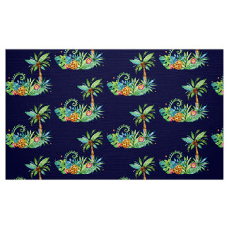 Tissu Palmiers tropicaux et fleurs sur la marine
