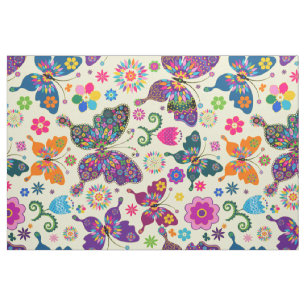 Tissu Papillons et Motif de fleurs colorés rétro
