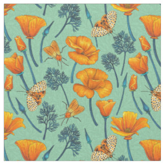 Tissu Pavot et papillons de nuit de Californie sur jade