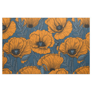 Tissu Pavot orange sur bleu foncé