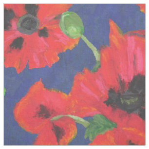 Tissu Pavots orientaux rouges et noirs lumineux sur le