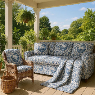 Tissu Paysage Toile Français Île Bleu Blanc Vintage