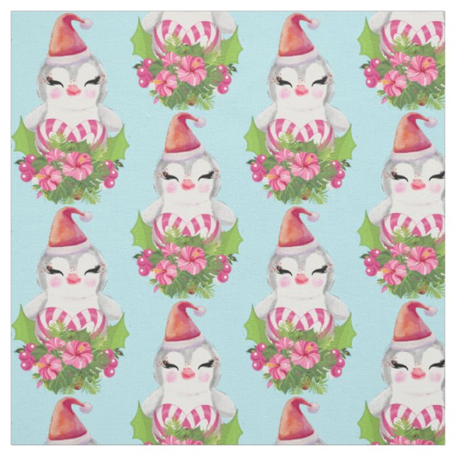 Tissu Pingouin de Noël mignon en Motif de Santa Hat (Échantillon)