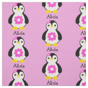 Tissu Pingouins mignons pour bébés aux fleurs roses