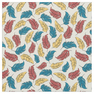 Tissu Plumes de dessin rouge, bleu et jaune sur crème