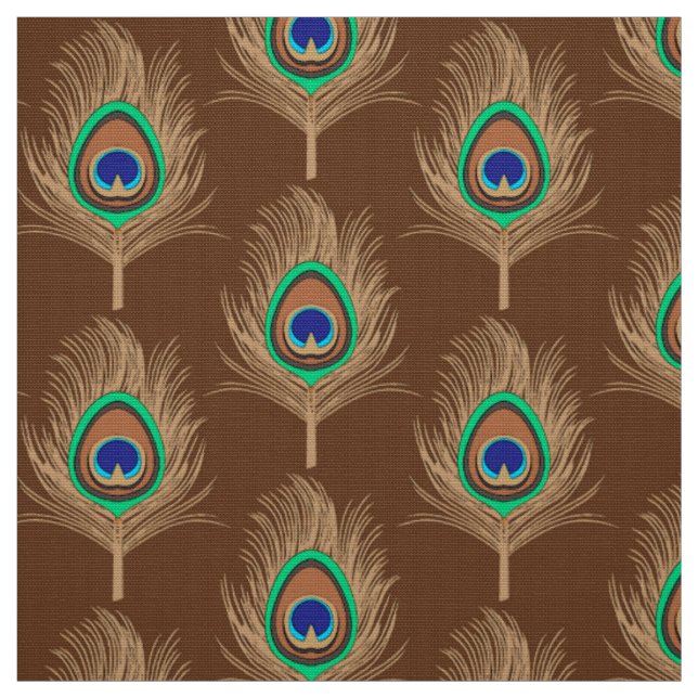 Tissu Plumes de paon, chameau Tan sur brun chocolat (Échantillon)