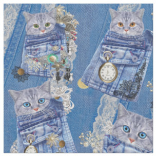 Tissu Poches et chatons magiques Denim