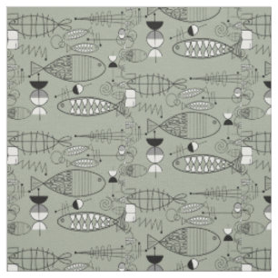 Tissu Poisson du milieu du siècle Art noir blanc vert