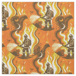 Tissu Pompier rétro et flammes en orange et jaune