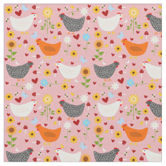 Tissu Poulets dans le jardin avec fleurs rose