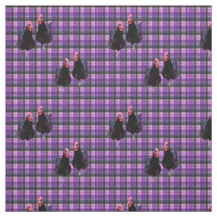 Tissu Poulets Noirs Sur Tartan Violet,