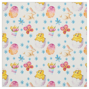 Tissu Poussins de Pâques Œufs Papillons Roses