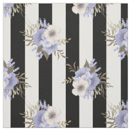 Tissu Rayure noir et blanc avec motif floral bleu et crè