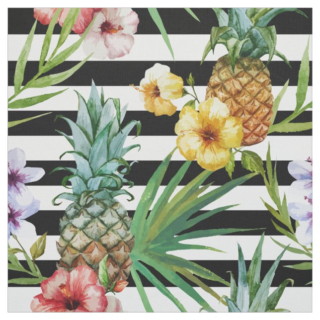 Tissu Rayures tropicales de noir de fleur d'ananas (Échantillon)