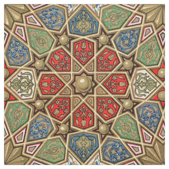 Tissu Red Green Blue Faux Gold Motif d'art arabe (Échantillon)