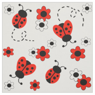 Tissu Red Ladybug Lady Bug Floral Fleurs blanches