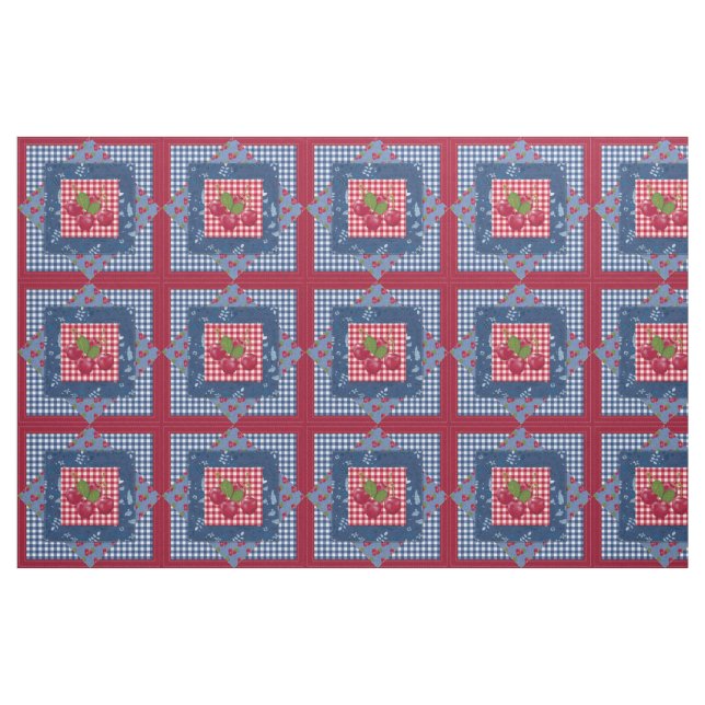 Tissu Red White Blue Cherries Gingham Patchwork Quilt (Yard)
