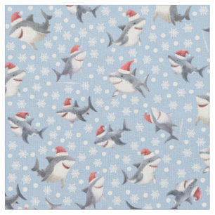 Tissu Requins de Noël & flocons sur fond bleu clair