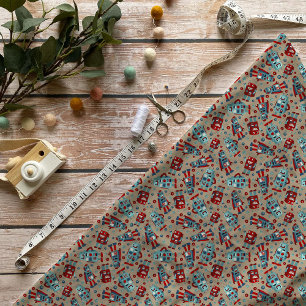 Tissu Robots rétro à motif bleu et rouge