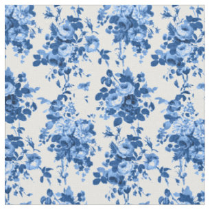 Tissu Romantique Vintage Roses-Bleu sur Blanc
