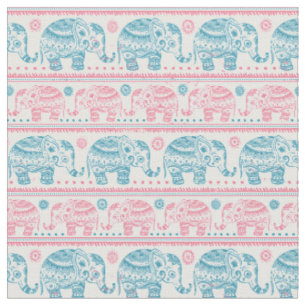 Tissu Rose et motif ethnique turquoise d'éléphant