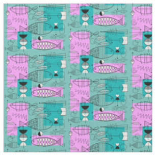 Tissu Rose lunatique moderne et bleu de poissons de la