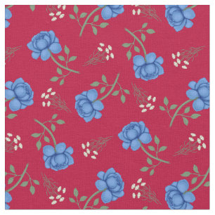 Tissu Roses bleues sur calicot rouge