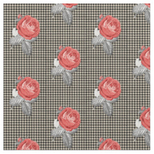 Tissu Roses roses vintage et motif pied-de-poule