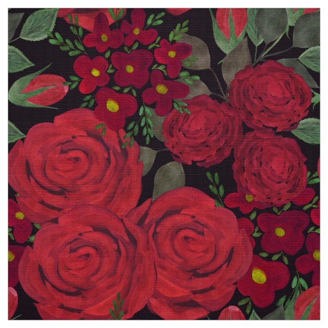 Tissu Roses rouges d'aquarelle sur le noir, (Échantillon)