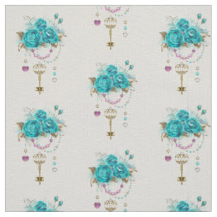 Tissu Roses turquoise avec touches