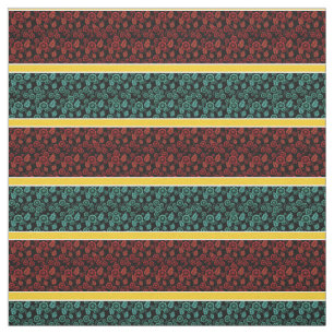 Tissu Rouge/aqua floral-or/blanc rayé - noir