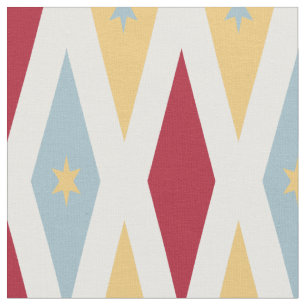 Tissu Rouge Bleu Jaune Diamants et Etoiles Mid Century