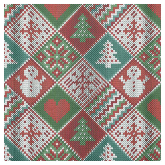 Tissu Rouge Vert blanc Faux Knit Motif de Noël (Échantillon)