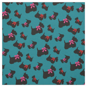Tissu Scottish Terrier, coeur rouge, arc rouge/rose
