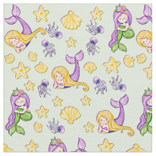 Tissu Sirènes et coquilles violet vert jaune