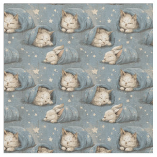 Tissu Sleepy Cats Under Starry Sky Cozy Blue Pattern