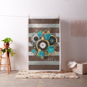 Tissu Steampunk Clock and Turquoise Roses on Striped