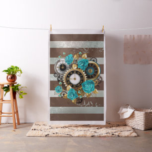 Tissu Steampunk Clock and Turquoise Roses on Striped