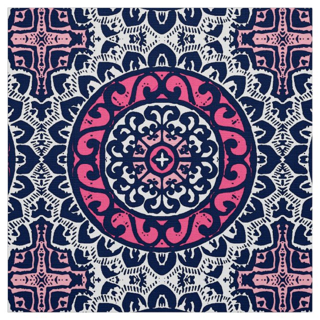 Tissu Sun Mandala, Fuchsia, Navy & White (Échantillon)
