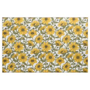 Tissu Sunroot, tournesol sauvage sur blanc