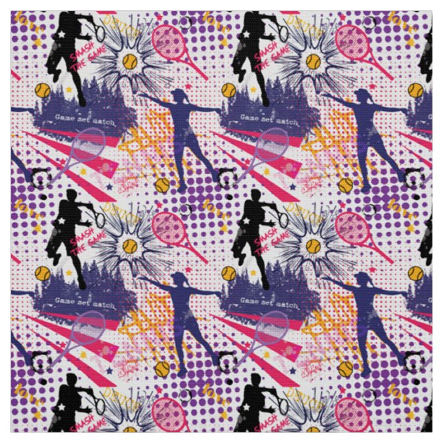 Tissu Super motif de tennis violet +rose+jaune (Échantillon)