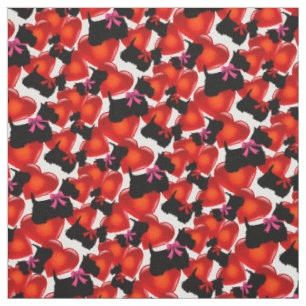 Tissu Térrier écossais noir, coeurs, noeud rouge/rose