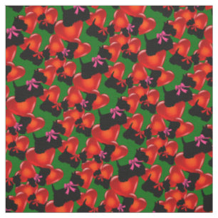 Tissu Térrier écossais noir, coeurs, noeud rouge/rose