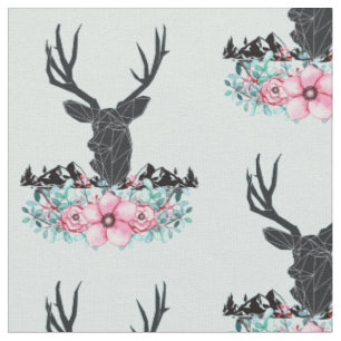 Tissu Tête de cerf noir avec Fleurs et Montagnes roses