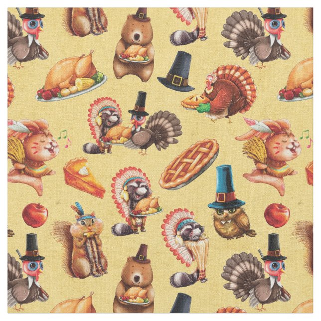 Tissu Thanksgiving Pie Turquie Animaux Citrouille Motif (Fermer)