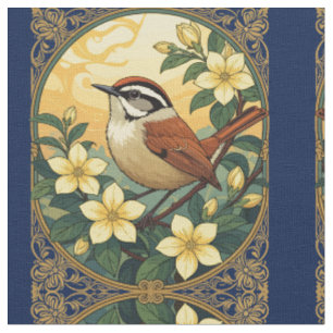 Tissu Thryothorus Bird Parmi Les Fleurs Jaunes De Jasmin